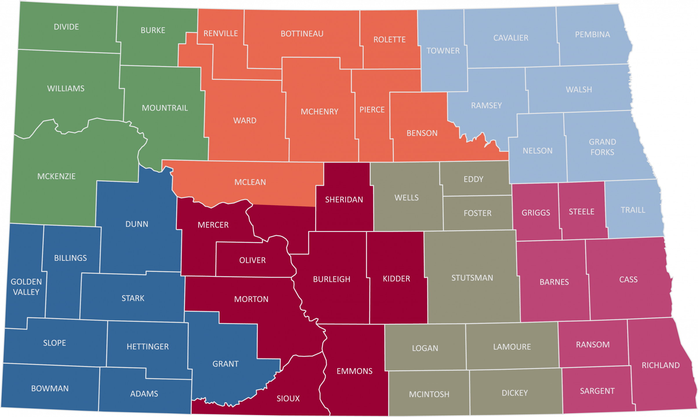 A colored map separating North Dakota into 7 districts.